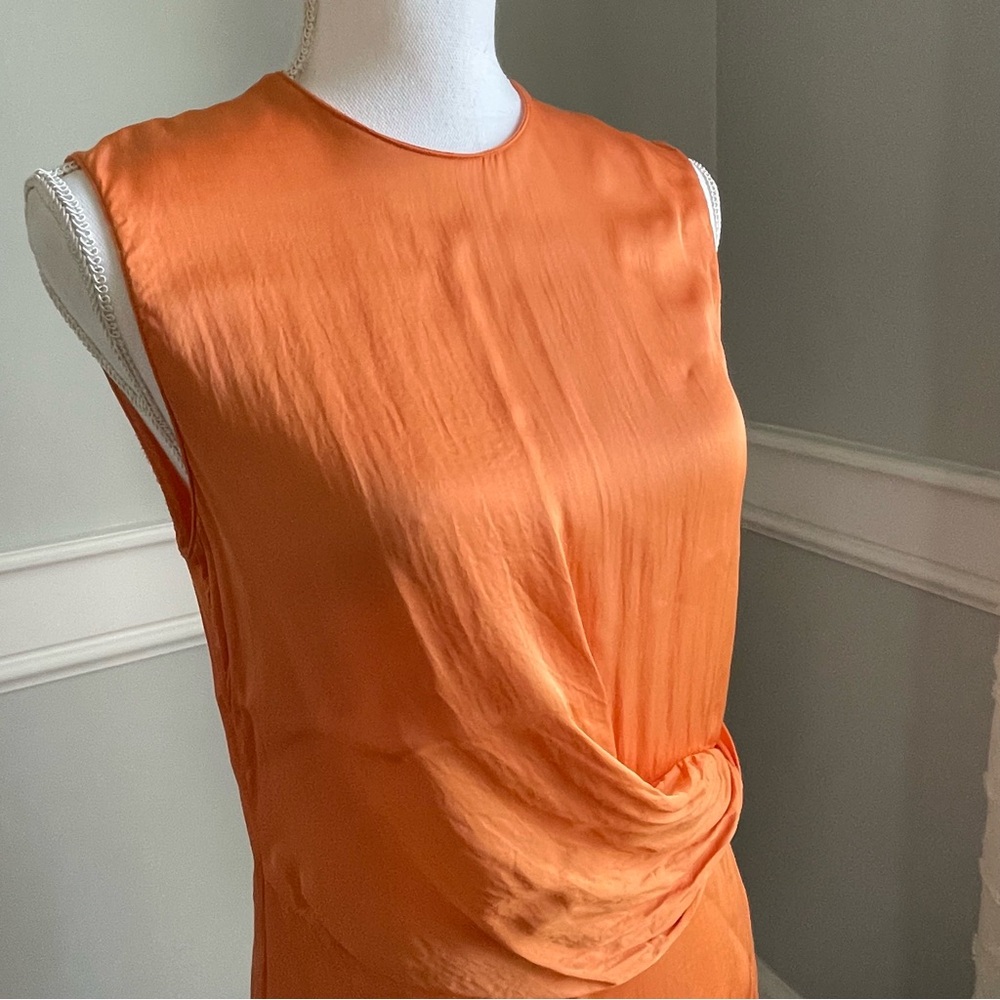 MNG Mango Vibrant Orange Asymmetrical Draped Satin Shirt Size M Split Side - Picture 11 of 13